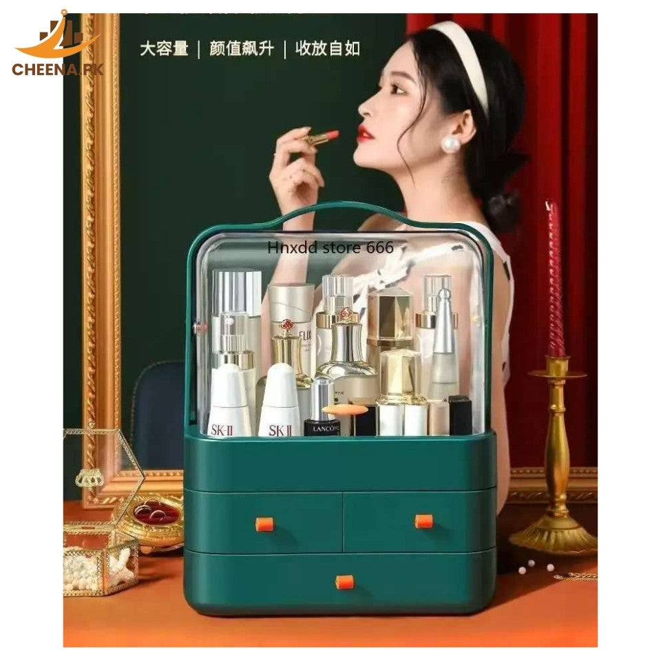 Premium Dustproof Makeup Organizer – Portable Cosmetic Case with Handle & 3 Draw